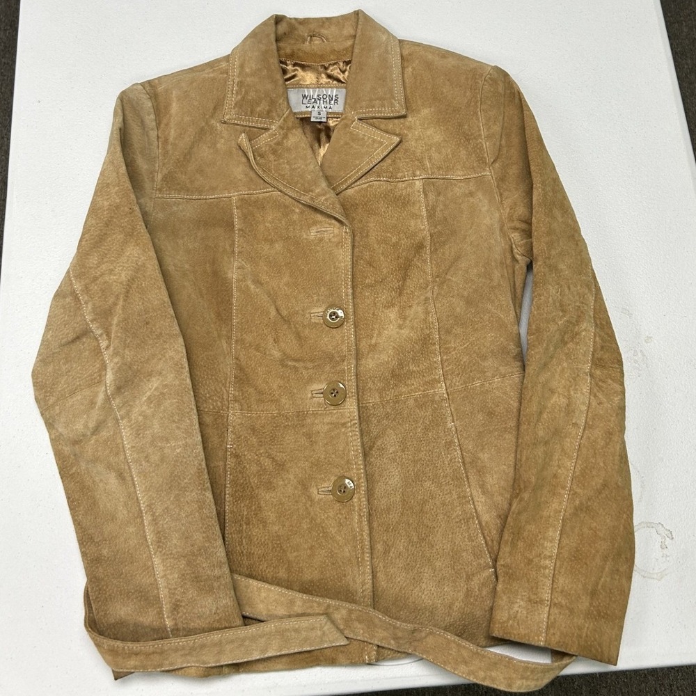 Wilsons Leather Maxima Jacket Womens Small Tan Suede Belted Button Front Blazer